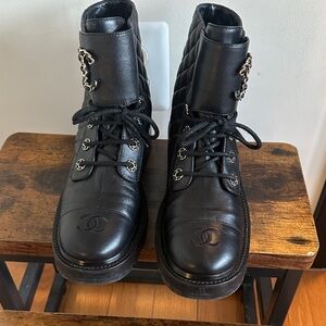 CHANEL Black Quilted Leather Combat Boots with Chain Detail